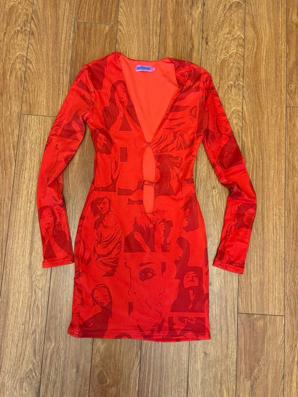 Red Long-Sleeve Tie-Front Mini Dress